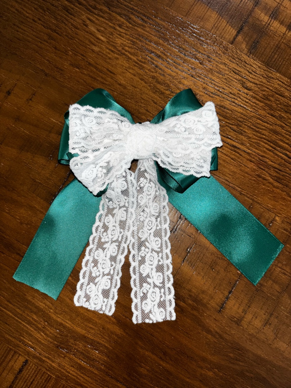 Handmade White Lace Bow with Teal Satin Ribbon